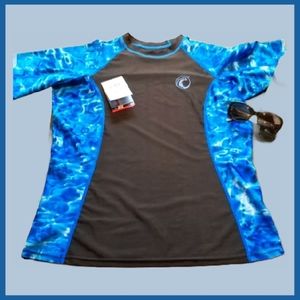 Aqua Design Sun Protection Blue & Black Swim Short Sleeve Water Theme Shirt